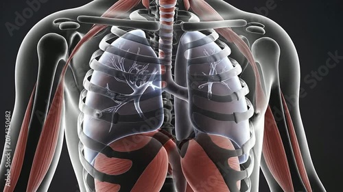 Detailed Deep Tissue Anatomical Animation Focusing On The Diaphragm And Internal Core Muscles Of The Human Respiratory System in High Definition 4K