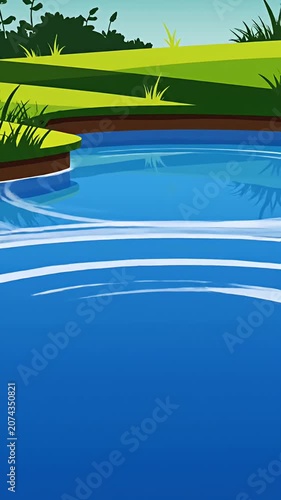 Cartoon landscape with blue pond and green hills.