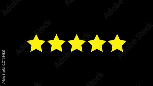 Five Yellow Stars Glowing Quality Review, product quality and feedback on black background, 4k video
