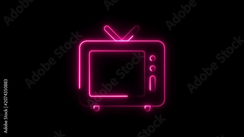 Glowing neon Tv icon animation on Black Background, 4k video