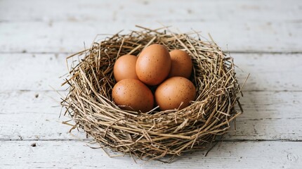 Brown chicken eggs in a natural straw bird nest on white wood