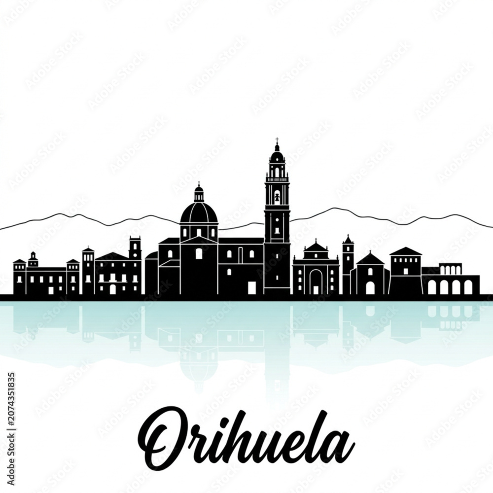 Obraz premium Orihuela Spain Skyline Silhouette — A Historic Mountain-Framed Valencian City Vector Illustration