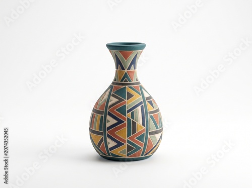 Traditional ceramic vase with colorful geometric patterns isolated on white background