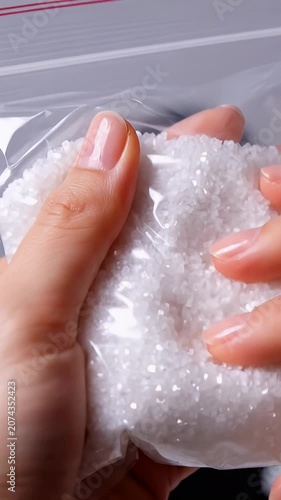 Close up of hand holding plastic resin granules bag.