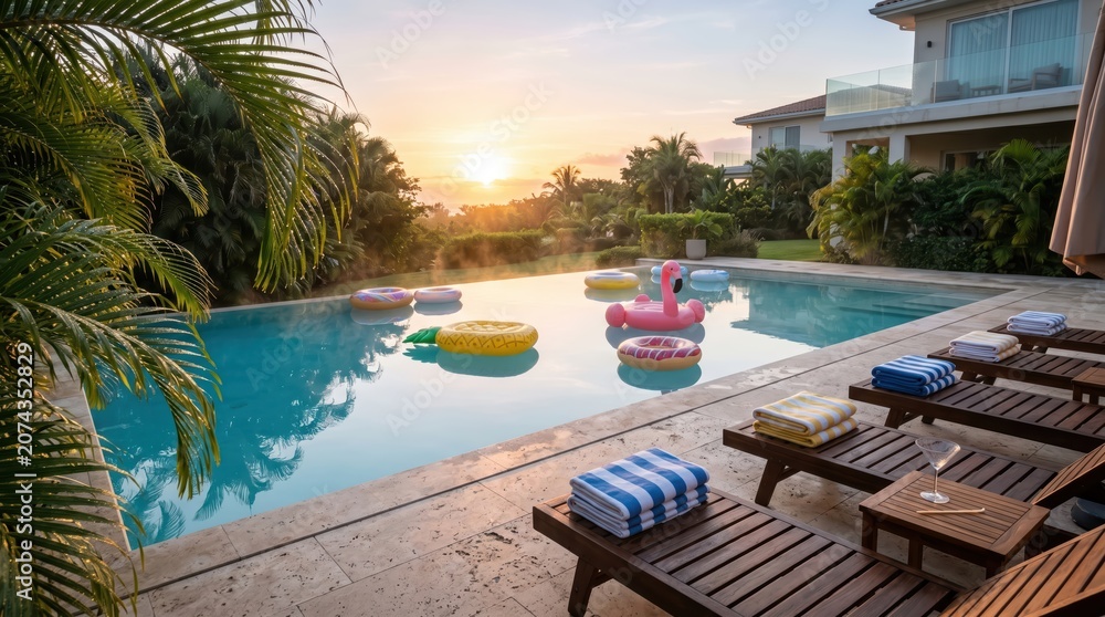 Fototapeta premium Luxurious villa poolside at sunset with inflatable floats on water and empty lounge chairs by tropical garden, relaxed warm evening vacation atmosphere
