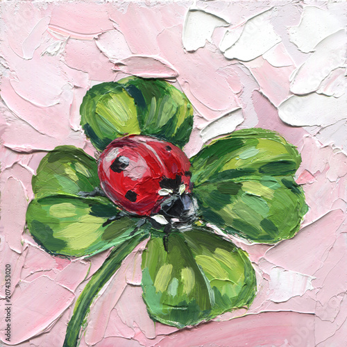 Textured oil painting red ladybug sitting on green clover leaves against soft pink background, thick palette knife strokes.