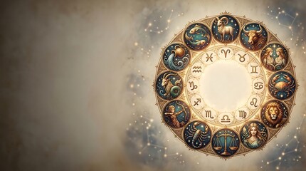 Ornate golden zodiac wheel with astrological signs on starry background