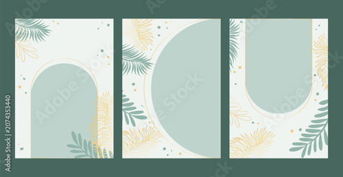 Elegant tropical botanical arch frames set with palm leaves for invitation, certificate and social media
