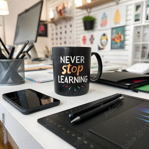 Inspiring Never Stop Learning mug on contemporary workspace for education, growth, and professional development.