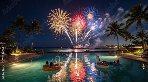 Guests in pool on inflatable rings enjoying beachfront fireworks over ocean and palm trees from resort at night in tranquil celebratory scene