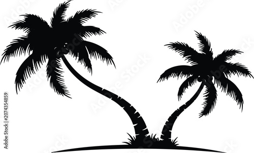 Two curved tropical palm trees on a small island shore black silhouette isolated on white background for summer holiday design.