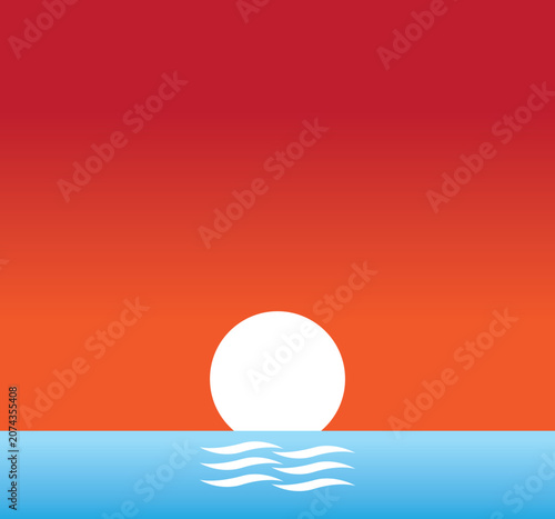 Minimalist sunset over the ocean with reflected waves, vector illustration with copy space