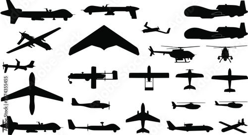 Military aircraft silhouettes set featuring jet fighters, bombers, drones, helicopters, and tactical airplanes isolated on white background for warfare vector design.