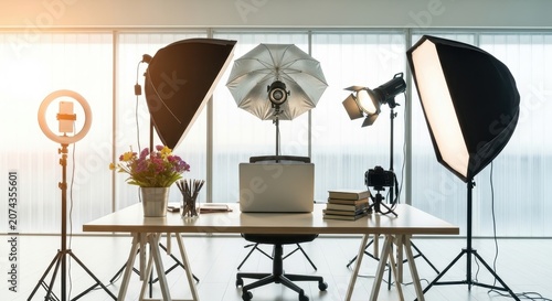 Content Creator Desk with Camera and Lighting Setup