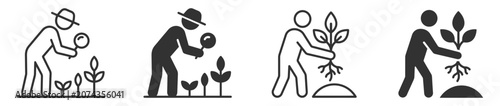 Fotografie Plant inspection and planting icons depicting a person examining plants with a m