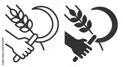Bild auf Leinwand hand holding sickle and wheat ear vector icon set agriculture farming on transpa