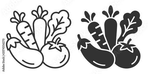 Photography vegetable icon set with eggplant carrot tomato and leafy greens line and solid s