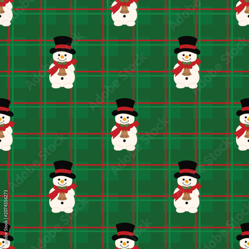 Cute Christmas Snowman Seamless Pattern on Green Plaid Background | Kawaii Holiday Winter Wallpaper for Fabric and Wrapping Paper