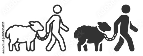 Photos sheep and human figure with leash vector icon set on transparent background