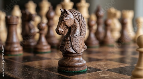 Detailed wooden knight chess piece on classic chessboard with blurred pieces in background; close up focus on carved horse head and board texture for strategy and tabletop game concept.