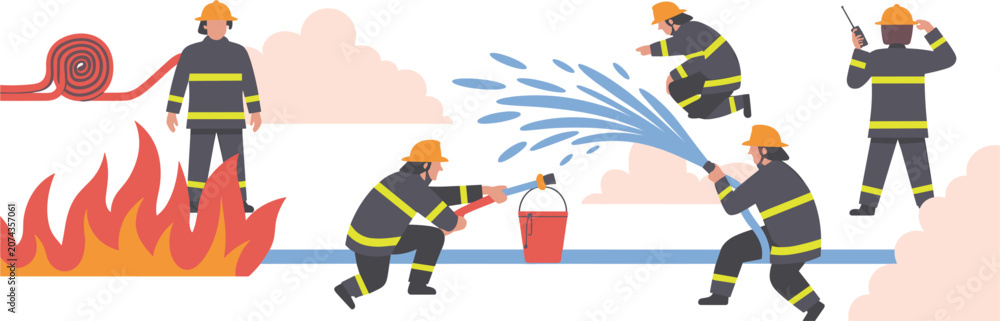 Fototapeta premium Firefighters extinguishing fire with water hose flat vector illustration, cartoon fireman emergency safety rescue scene