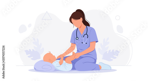 Nurse caring for baby, vector illustration of healthcare professional attending to infant, showing nurturing and medical attention with a gentle touch.