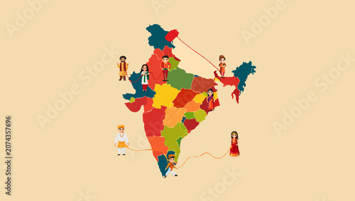 Illustration india map with diverse people connected from different states