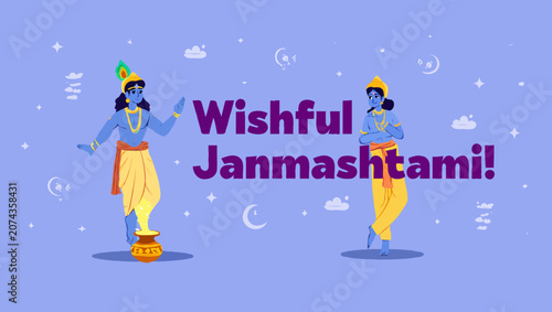 Wishful janmashtami celebration with krishna and radha on a blue background