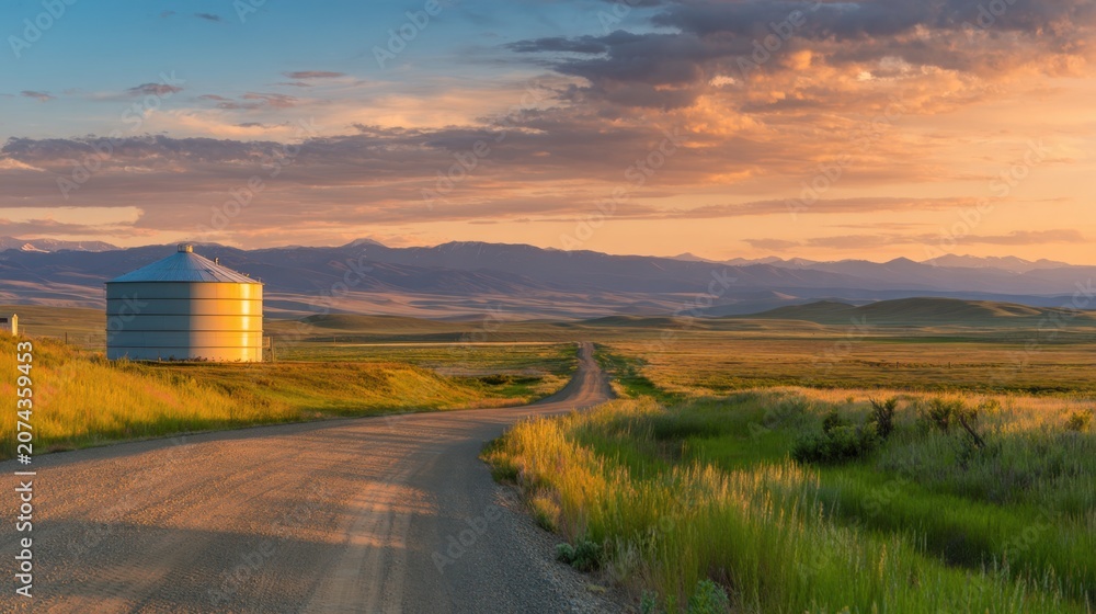 Obraz premium A serene landscape featuring a gravel road leading to a distant silo under a colorful sunset