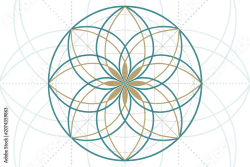   
Sacred geometry flower of life pattern with teal and gold overlapping circles symbolizing harmony balance and spiritual connection in minimalist geometric design   generative ai
