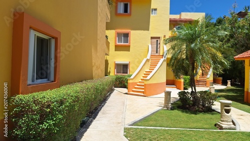 Playa Del Carmen colorful buildings offer vibrant Mexican scenery.