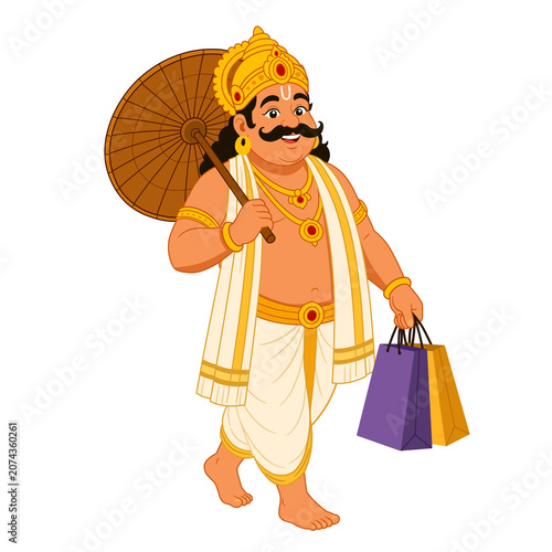 Obraz na płótnie King mahabali holding a traditional umbrella and colorful shopping bags for kera