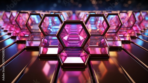 A close-up of a vibrant, iridescent pattern of hexagonal geometric shapes, reflecting a kaleidoscope of colors, set against a deep, rich background.