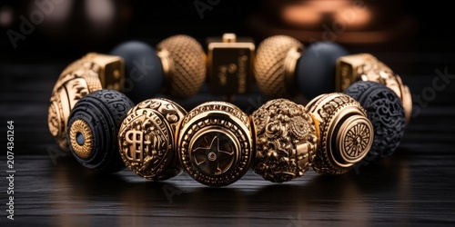 A close-up of a gold bracelet with intricate designs and black accents, resting on a polished black surface.