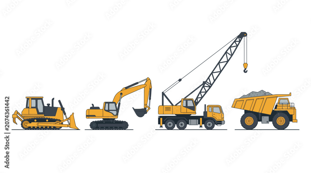 Obraz premium Four yellow construction machines—excavator, crane, bulldozer, and dump truck—displayed in a row against a neutral background.