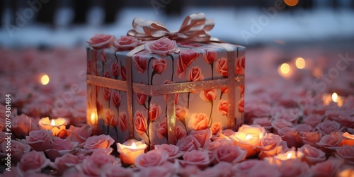 A gift box wrapped in a delicate floral pattern rests on a bed of pink petals, illuminated by the warm glow of flickering candlelight.