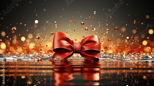 A Single Red Bow Floating on a Pool of Water with a Blurred Background of Orange Lights and Droplets