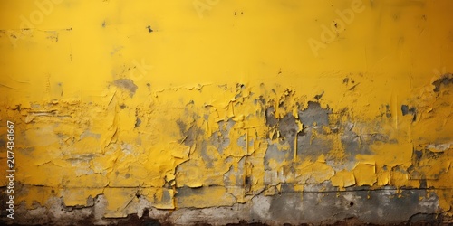 A weathered yellow wall with peeling paint reveals the underlying concrete and layers of time.