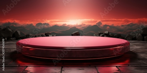 A glossy red platform sits atop a dark stone floor, backed by a majestic, fog-filled mountain range and a vibrant crimson sunset.