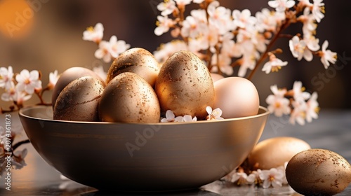 Golden Easter Eggs Nestled in a Bowl Surrounded by Delicate White Blossoms
