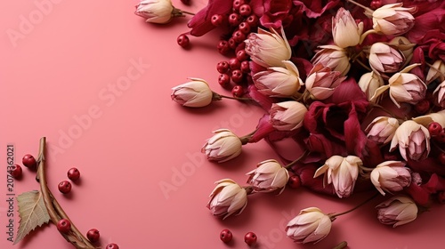 Delicate pink blossoms and crimson berries scattered on a blush background, a gentle display of natural beauty