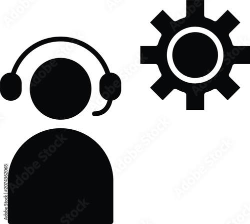 Customer care agent with headset and gear for technical assistance line icon