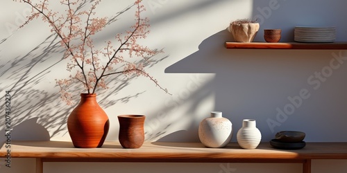Sunlight Illuminates a Table with a Vase of Delicate Pink Blossoms, Surrounded by Rustic and Sleek Ceramics