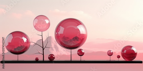 A surreal landscape with red spherical orbs resting on a black surface, evoking a sense of tranquility and wonder.