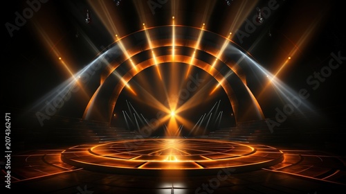 A circular stage with a golden glow is illuminated by spotlights, radiating a sense of anticipation and grandeur.