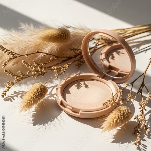 Compact powder makeup with dried flowers beauty product still life