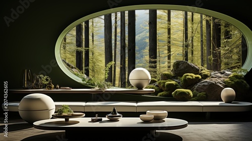 Modern minimalist living space with a large oval window overlooking a verdant forest, showcasing a serene and tranquil atmosphere