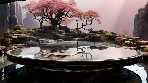 A circular pond nestled between imposing rock formations and delicate pink blossoms, reflecting the serene beauty of nature.