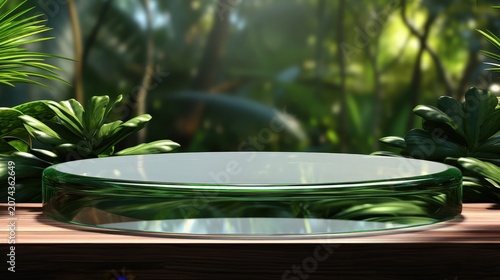 A clear glass pedestal sits on a wooden surface with lush green foliage blurred in the background.