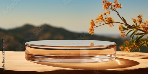 A glass pedestal rests on a beige surface with a backdrop of blurred mountains and delicate yellow flowers.